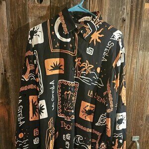 Bali Queen Oversized Button-Down Shirt – Black & Orange Boho Tropical Print